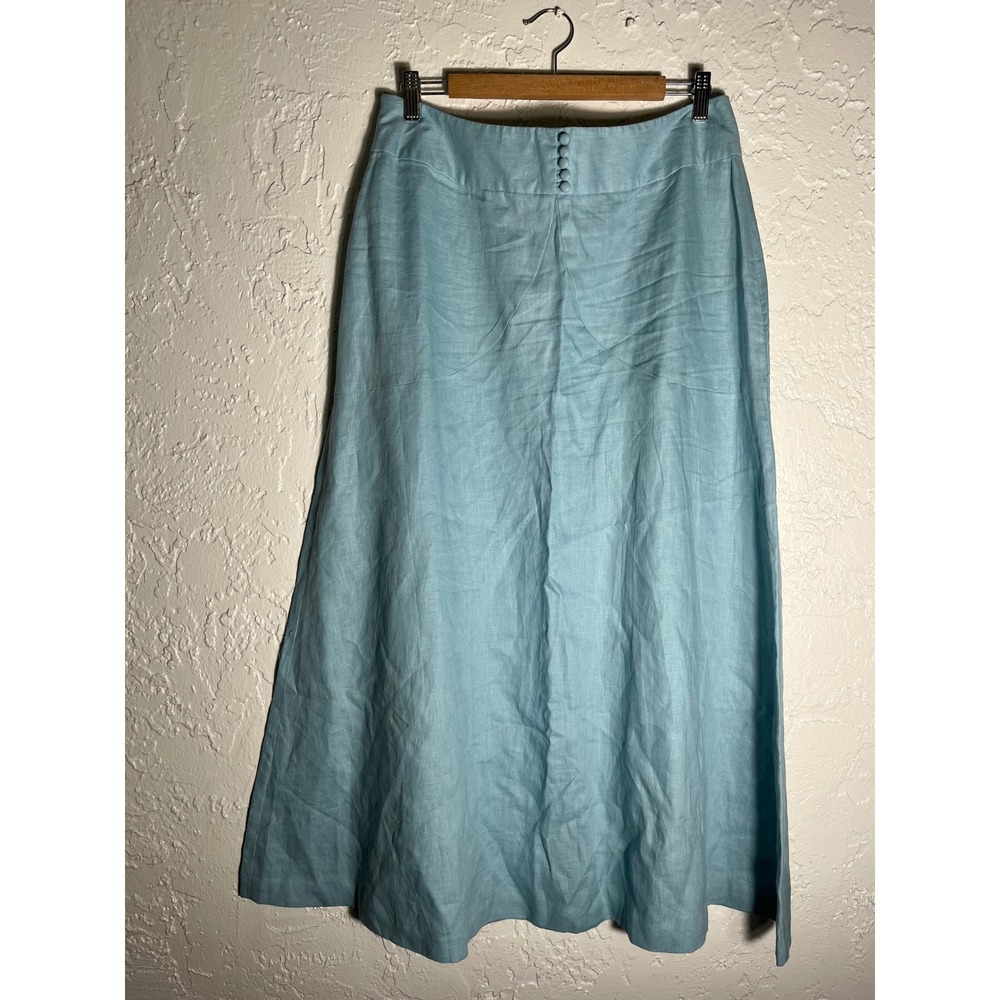 Alexandra Bartlett Size 14 Blue 100% Linen A-Line Maxi Skirt Button Detail